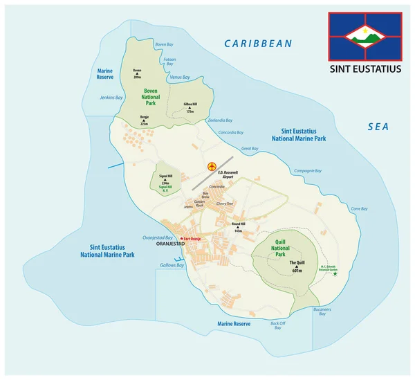 Sint Eustatius Mapa Carreteras Parques Nacionales Con Bandera — Archivo Imágenes Vectoriales