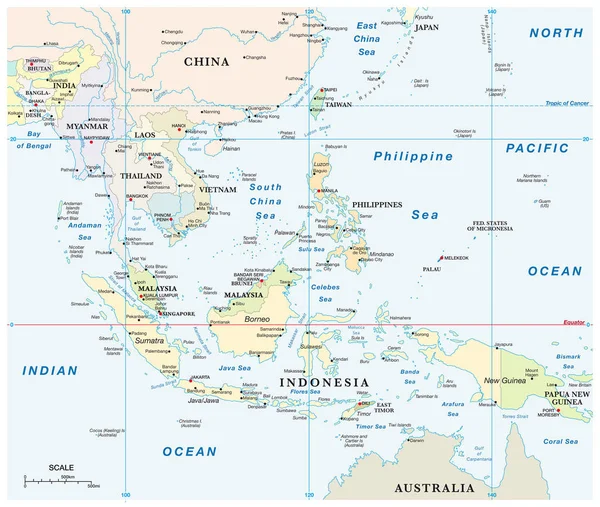 Mappa Vettoriale Del Sud Est Asiatico Con Coordinate Scala — Vettoriale Stock