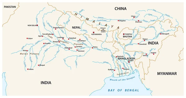 Mappa Vettoriale Dei Bacini Idrografici Combinati Dei Fiumi Gange Brahmaputra — Vettoriale Stock