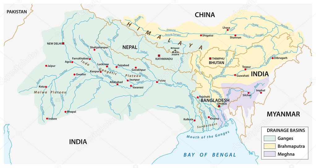 vector Map of the combined catchment areas of the Ganges, Brahmaputra and Meghna rivers.