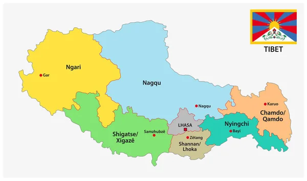 Mapa Vectorial Administrativo Político Del Tíbet Con Bandera — Vector de stock