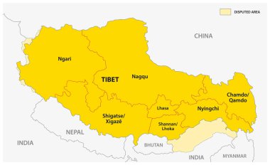 tartışmalı sınır bölgeleri ile Tibet idari ve siyasi vektör harita.