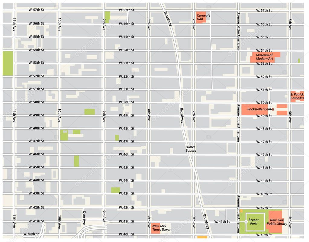 new york city, theater district, midtown manhattan vector map.