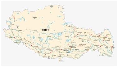 Tibet bölgesi önemli şehirler ve yollar vektör harita ile.