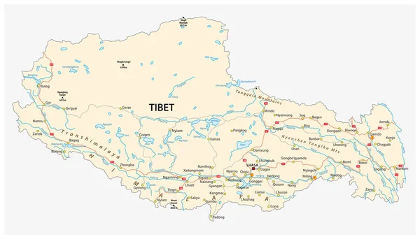 Región Del Tíbet Con Importantes Ciudades Carreteras Mapa Vectorial — Vector de stock
