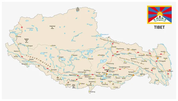 Regione Del Tibet Con Importanti Città Strade Mappa Vettoriale Bandiera — Vettoriale Stock