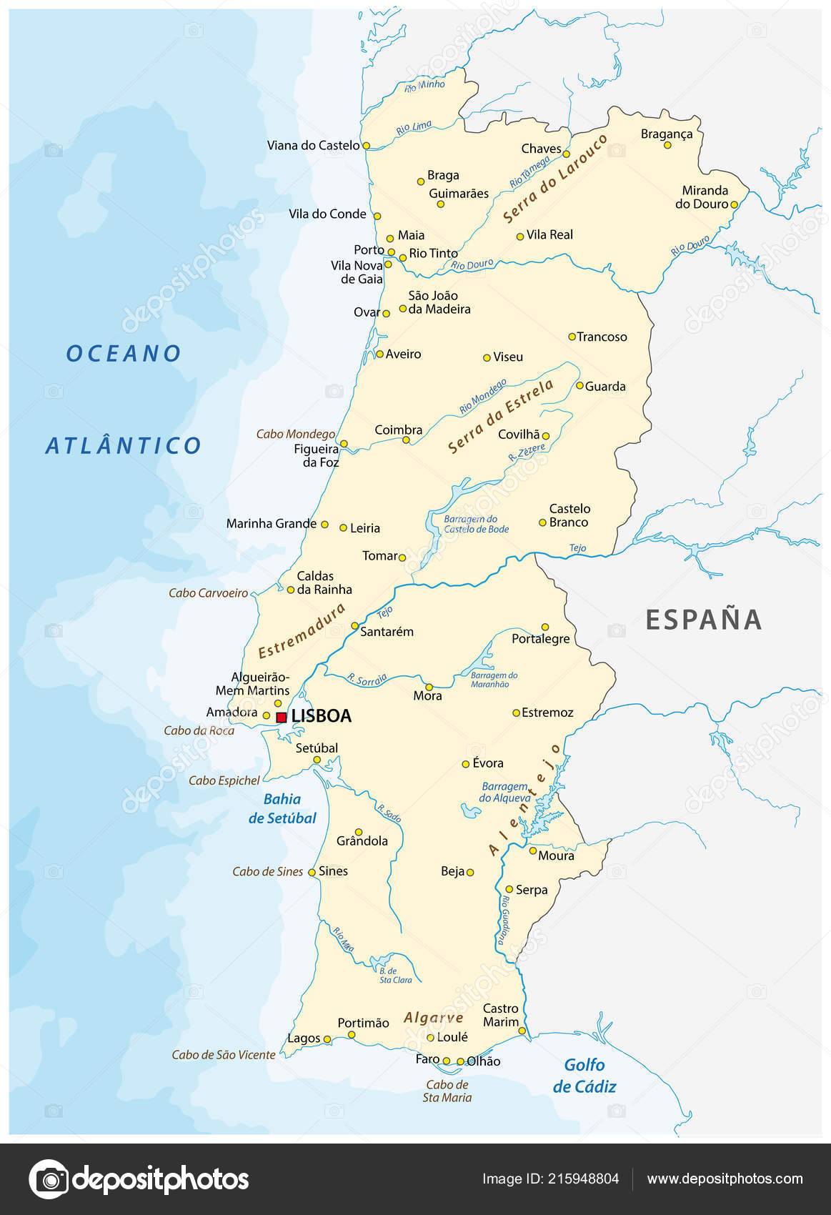 Mapa Vetorial Portugal Com Principais Cidades Rios imagem vetorial de  Lesniewski© 215948804