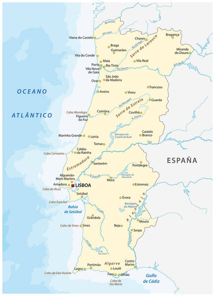 Векторная карта Португалии с крупными городами и реками
.