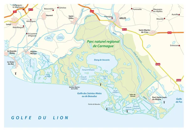 Kaart Van Zuidelijke Franse Regionale Natuurpark Camargue Frankrijk — Stockvector
