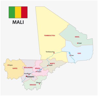Mali Cumhuriyeti idari ve siyasi vektör harita bayrak ile.