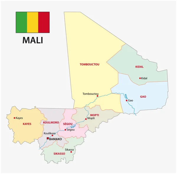 Mali Cumhuriyeti Idari Siyasi Vektör Harita Bayrak Ile — Stok Vektör