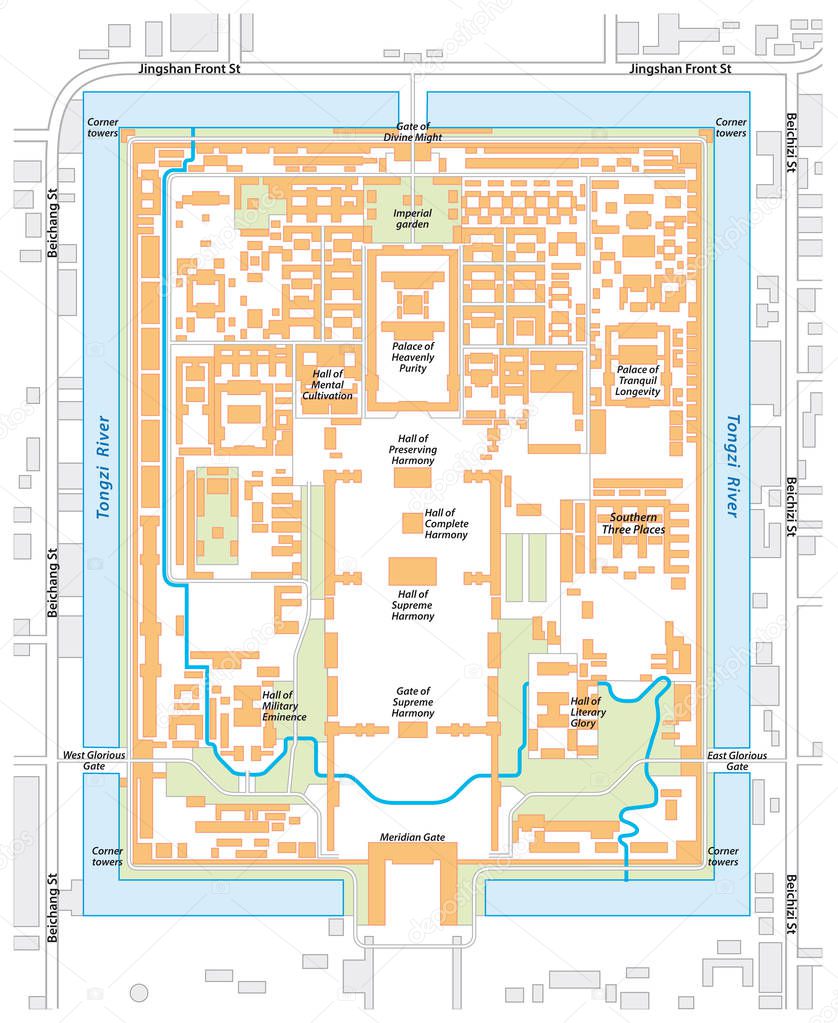 vector map of the Forbidden City, palace complex in central Beijing, China.