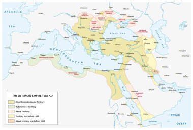 Zamanda en büyük genişleme ve 17 yüzyılda Osmanlı İmparatorluğu Haritası.
