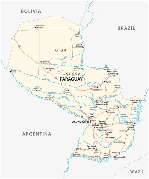 République Détaillée Paraguay Carte Vectorielle Routière — Image vectorielle