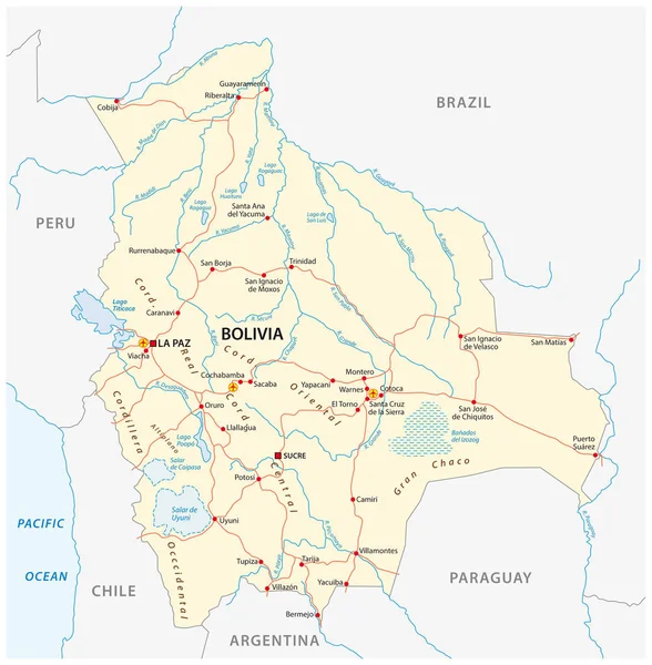 Peta Vektor Bolivia Dengan Kota Kota Besar Dan Jalan - Stok Vektor