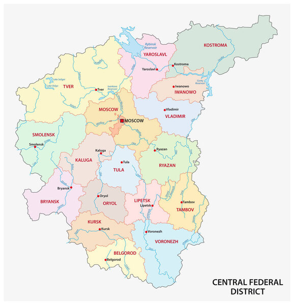 Central Federal District administrative and political vector map, Russia.