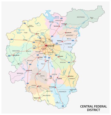 Merkez Federal Bölgesi road, idari ve siyasi vektör harita, Rusya Federasyonu