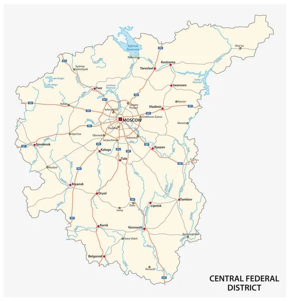 Centralny Okręg Federalny Road Wektor Mapę Rosja — Wektor stockowy