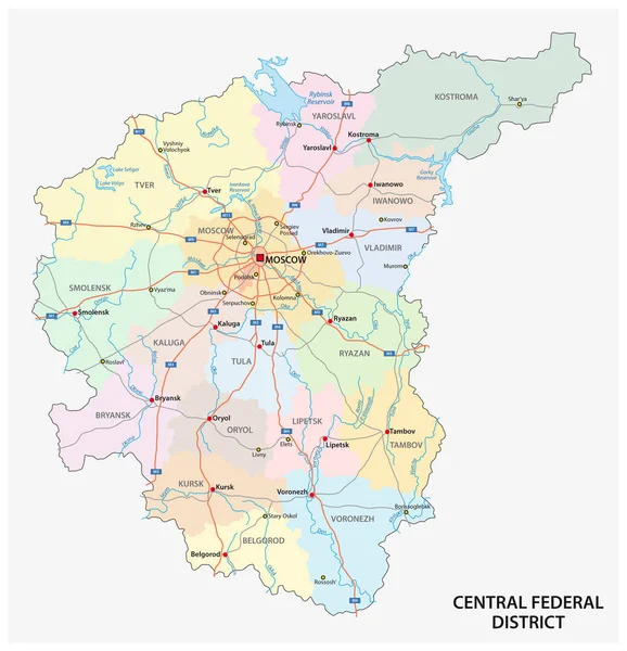 Central Federal District Road Mapa Vectorial Administrativo Político Rusia — Vector de stock