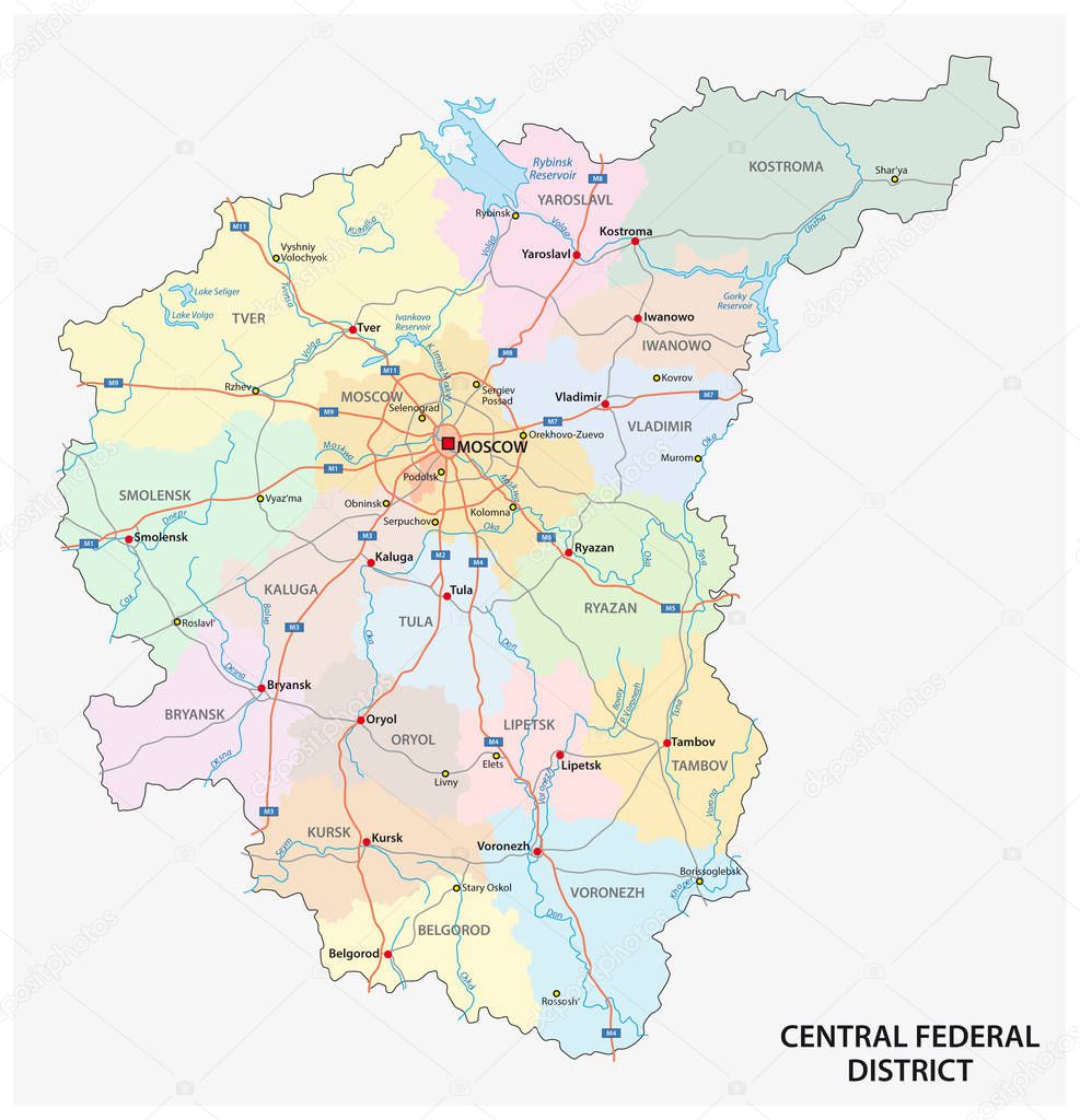 Central Federal District road, administrative and political vector map, Russia