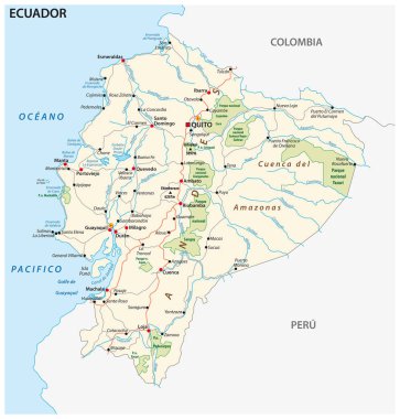 Ekvator Cumhuriyeti yol ve Milli Parkı vektör harita.