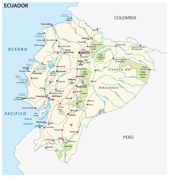 The republic of Ecuador road and national park vector map.