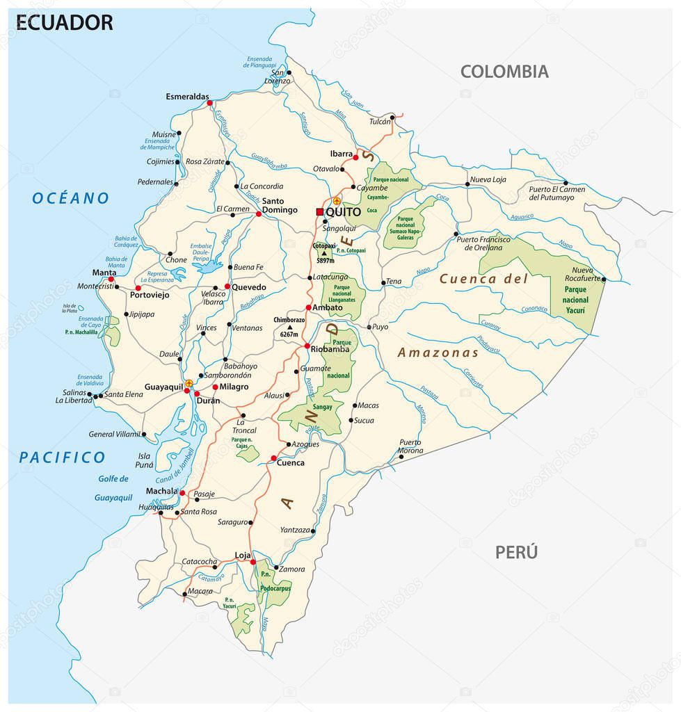 The republic of Ecuador road and national park vector map.