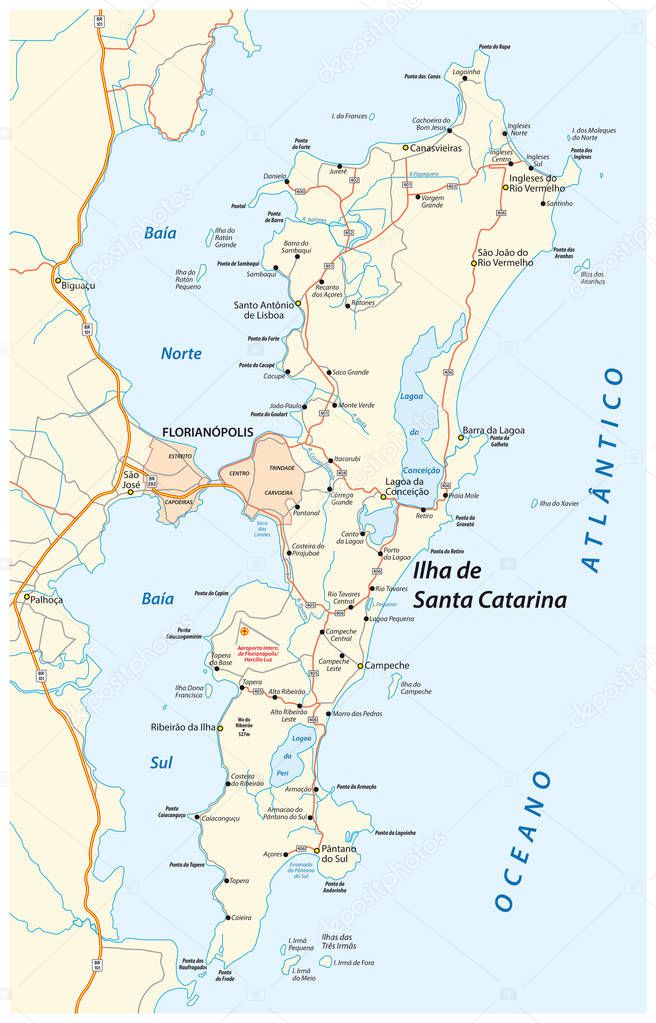 Detailed street map of Brazilian island Santa Catarina, Santa Catarina, Brazil