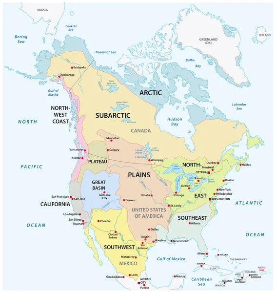 Παραδοσιακών Πολιτιστικών Τομέων Της Βόρειας Αμερικής Αυτόχθονες Πληθυσμοί Vector Χάρτη — Διανυσματικό Αρχείο