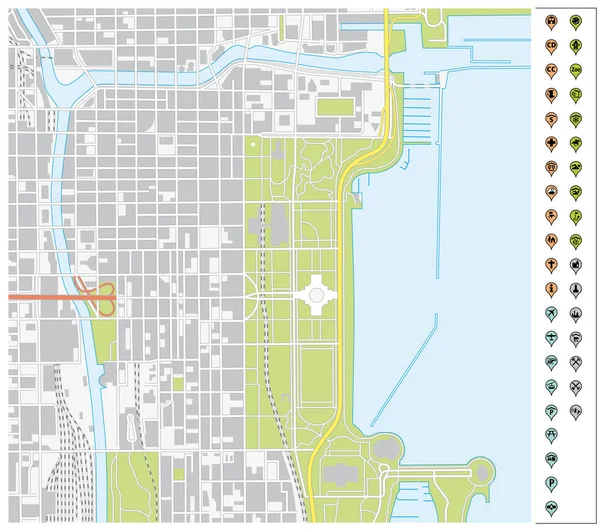 芝加哥市中心的矢量街道地图 Pin 指针和基础设施图标 — 图库矢量图片