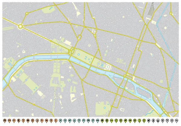 Stadtplan Von Paris Mit Nadelstiften Und Infrastruktur Symbolen — Stockvektor