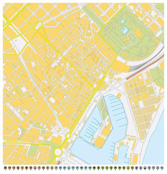 Mappa Della Città Barcellona Con Puntatori Pin Icone Delle Infrastrutture — Vettoriale Stock