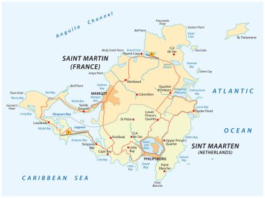 Sint Marteen-Sint Maarten yol vektör harita.