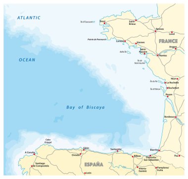 Bay Biscay vektör yol haritası, İspanya, Fransa.