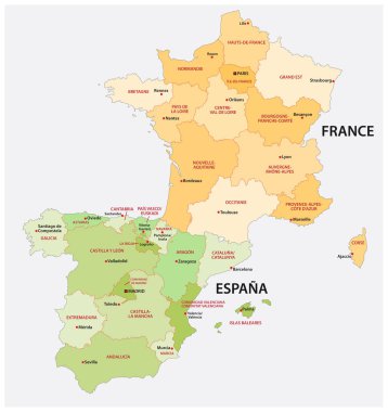 administrative and political vector map of spain and france in the respective national language. clipart