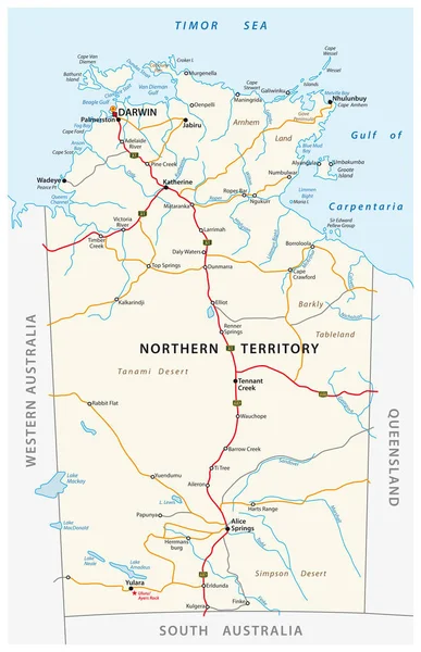 Carte Routière Vectorielle Territoire Nord Australie — Image vectorielle