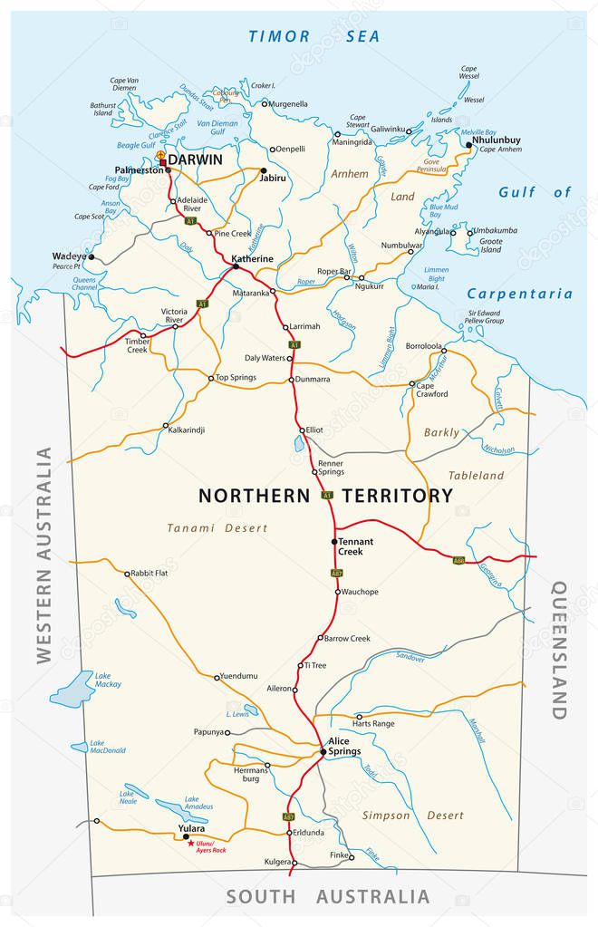 Vector road map of the Northern Territory, Australia.