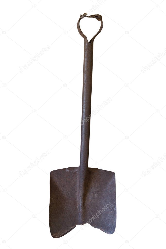 An old rusty shovel with handle it, isolated