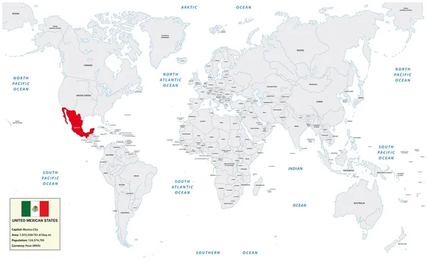Världskarta Med Mexikos Förenta Stater Liten Informationsruta Och Flagga — Stock vektor