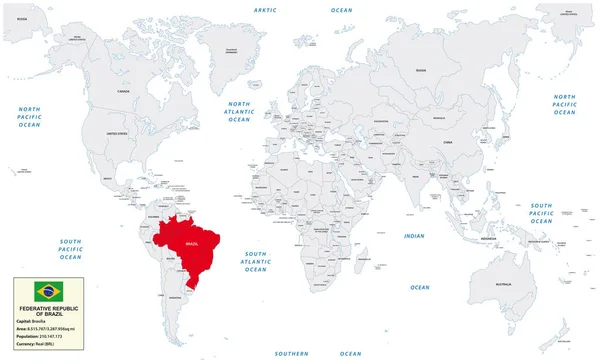 Mapa Mundo Com República Federativa Brasil Pequena Caixa Informações Bandeira — Vetor de Stock