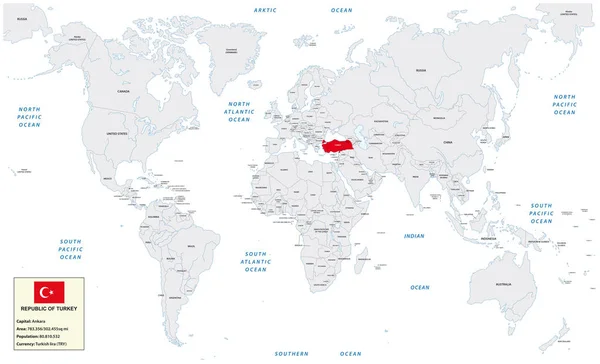 世界地图与土耳其共和国 小信息框和旗子 — 图库矢量图片