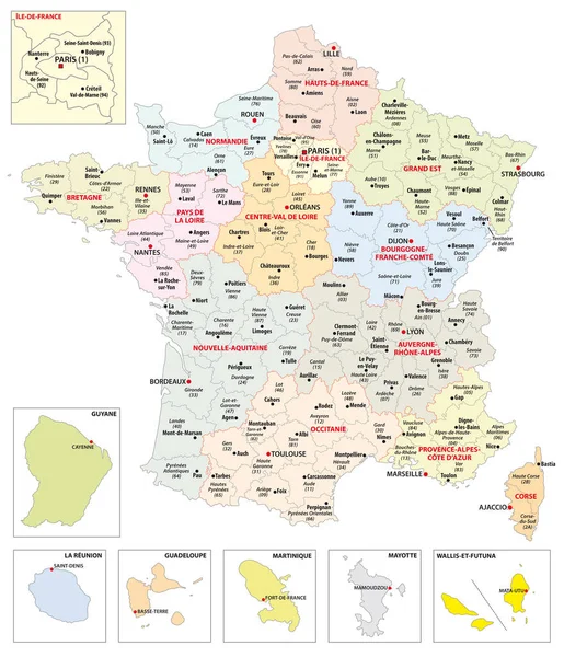 Διοικητικός Χάρτης Από Τις Περιφέρειες Της Γαλλίας Και Των Υπερπόντιων — Διανυσματικό Αρχείο