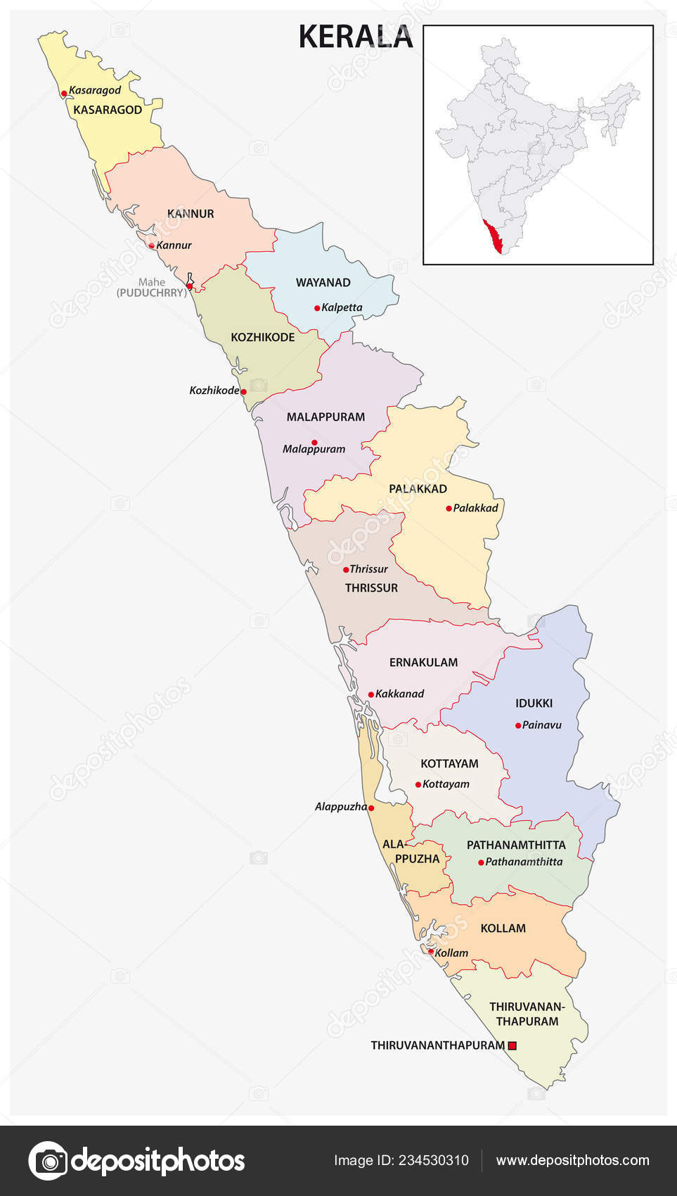 Administrative Political Map Indian State Kerala India Vector Image By C Lesniewski Vector Stock 234530310