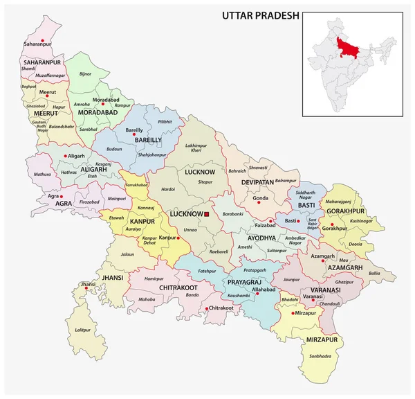 Administrativní Politickou Mapu Indického Státu Uttar Pradesh Indie — Stockový vektor