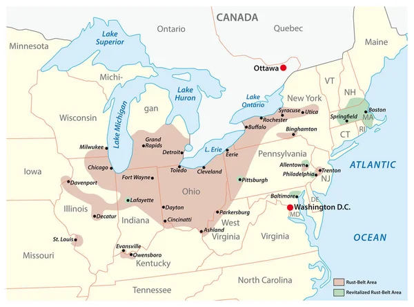 Mapa Región Rust Belt Los Estados Unidos América — Vector de stock