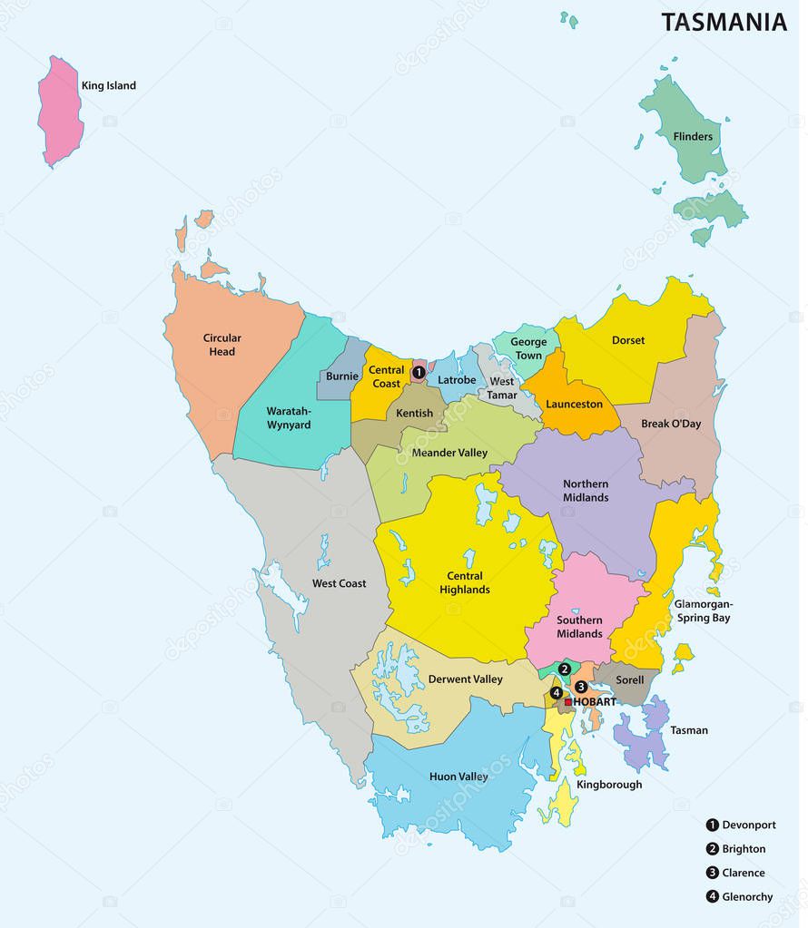 Administrative and political map of the 29 Local government areas of Tasmania, Australia