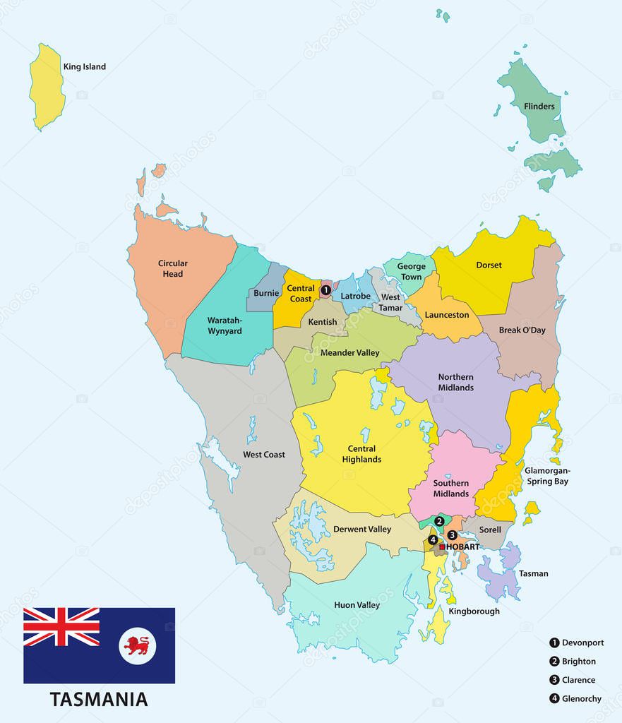 Administrative and political map of the 29 Local government areas of Tasmania with flag, Australia