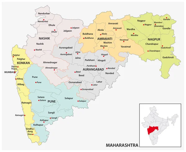 インドのマハラシュトラ州の行政と政治地図 — ストックベクタ