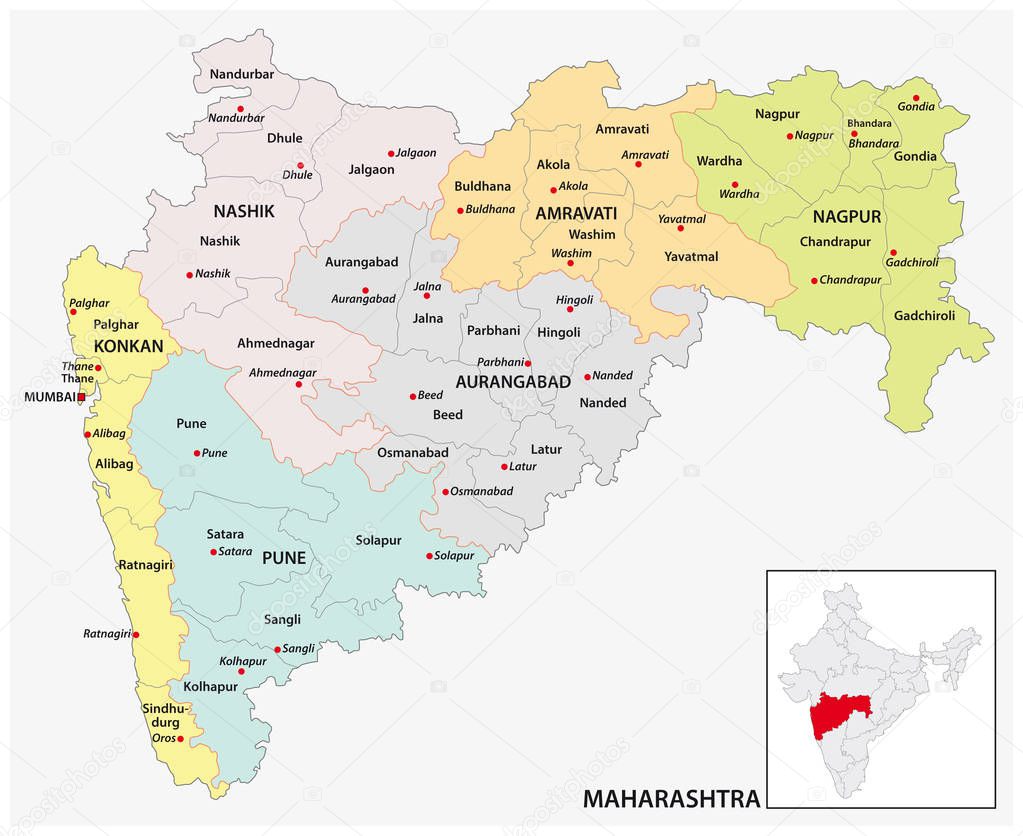 administrative and political map of indian state of Maharashtra, india