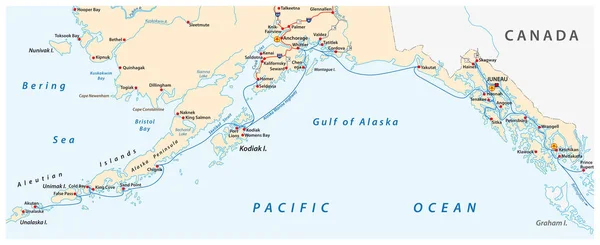 Alaska Deniz Otoyolu Sistemi Nin Haritası Feribot Birleşik Devletler — Stok Vektör